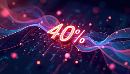 Glowing neon 40 percent sign with abstract numerical background