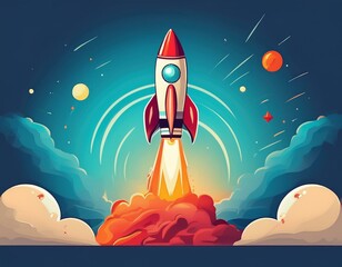 Start up of the space rocket. Rocket ship in flat design on white background. 