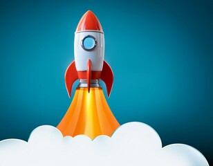 Start up of the space rocket. Rocket ship in flat design on white background. 
