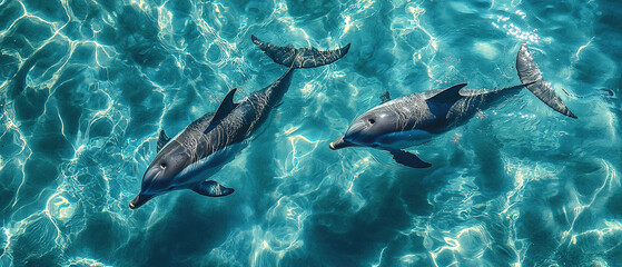 Obraz premium Two Dolphins Swimming in Clear Water 