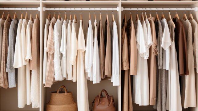 Stylishly arranged closet showcasing neatly hung clothing for a tidy and organized space