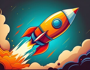 Start up of the space rocket. Rocket ship in flat design on white background. 