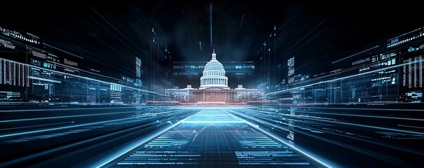 Visual of a futuristic parliament with holographic economic policy presentations, concept of modern legislative economics