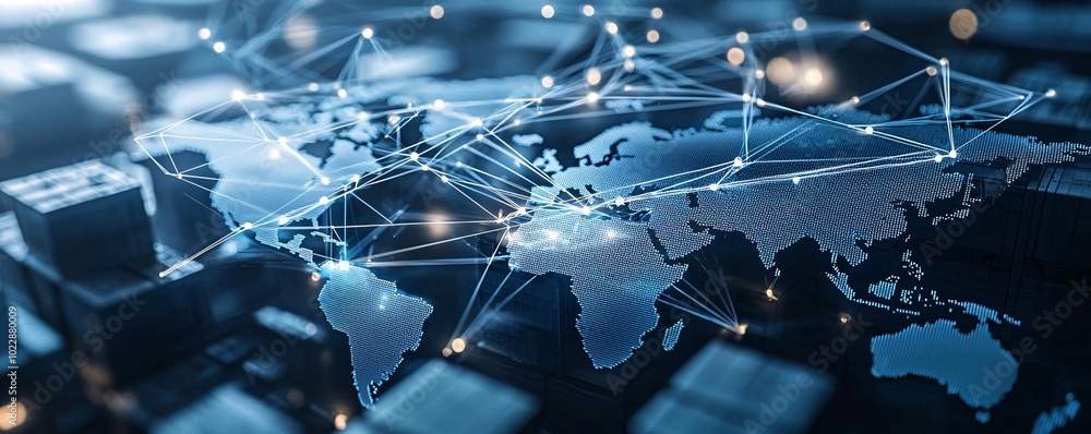 Poster abstract rendering of global supply chains influenced by economic policy, visualized through interco