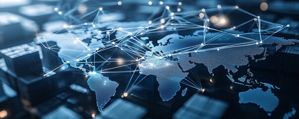 Abstract rendering of global supply chains influenced by economic policy, visualized through interconnected data streams
