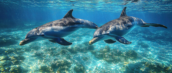 Fototapeta premium Two Dolphins Swimming in Clear Water 