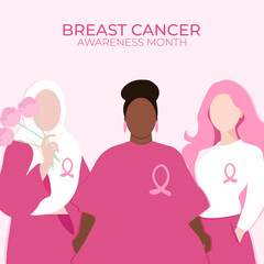 Breast cancer awareness month poster with international women. Solidarity, support, hope, help, care concept.