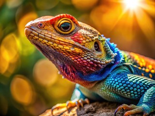 Fototapeta premium Vibrant Lizard Displaying Colorful Scales in Natural Habitat Under Bright Sunlight in Close-Up Shot