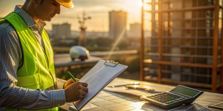 Close-up of a civil engineer calculating carbon footprint for a green construction project, sustainability reports visible in the background



