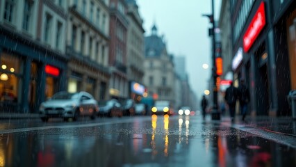 Fototapeta premium Rainy Evening in Busy City Street With Reflections