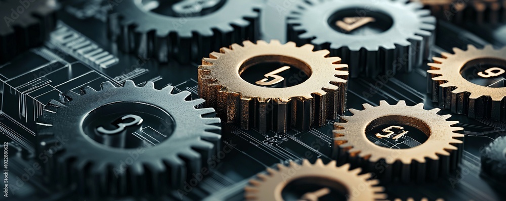 Poster macro view of interconnected gears labeled with economic terms, representing complex policy mechanis