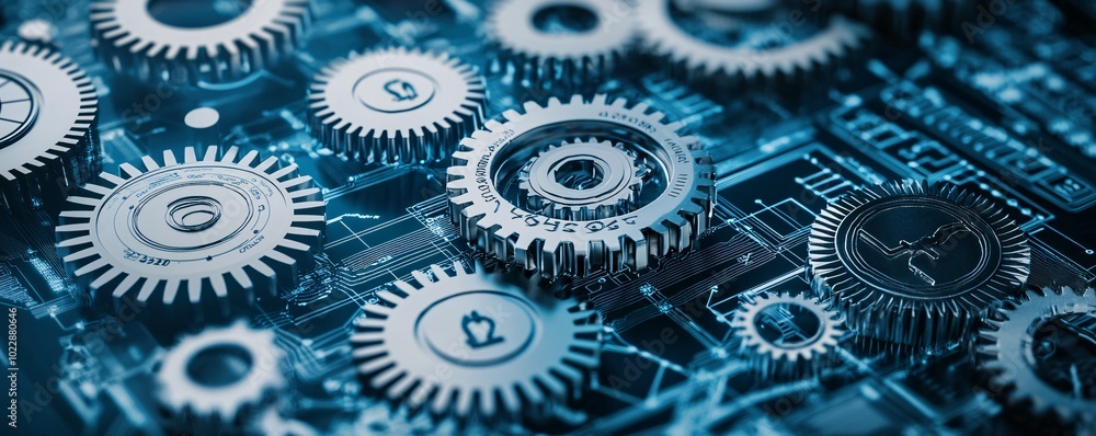 Poster macro view of interconnected gears labeled with economic terms, representing complex policy mechanis