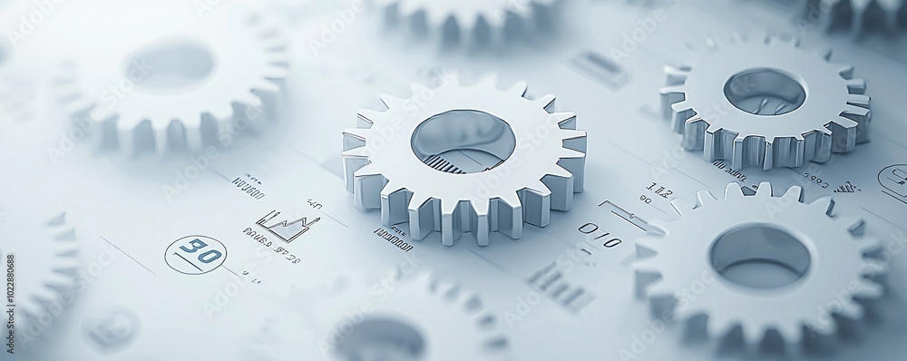 Aufkleber macro view of interconnected gears labeled with economic terms, representing complex policy mechanis