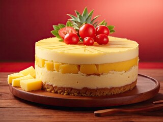 Healthy layered pineapple cheese cake on wooden table in red background. Pineapple cheese cake on wooden surface