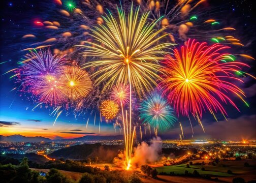 Vibrant M80 Firework Bursting in the Night Sky with Colorful Sparks and Bright Explosions of Light