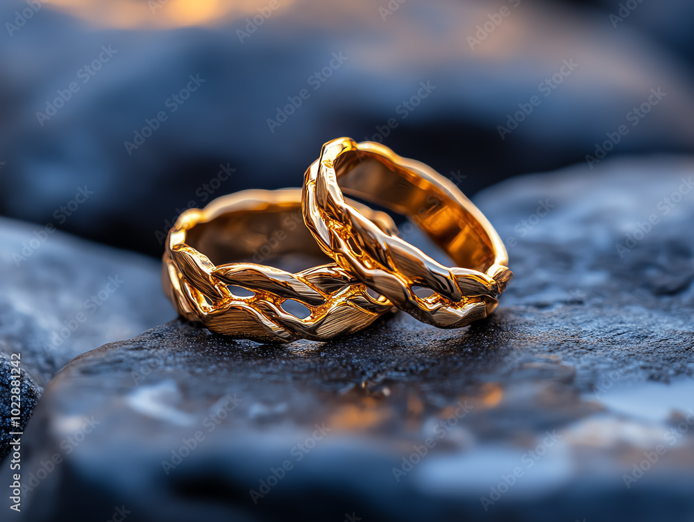 Canvas Prints two gold chain link rings on black stones.