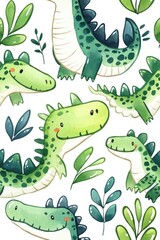 Obraz premium A watercolor seamless pattern of crocodiles, isolate on white background, featuring soft colors and delicate brush strokes.
