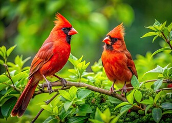 Vibrant Male Cardinal Birds Perched on Branches Amidst Lush Green Foliage in Natural Habitat