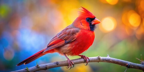 Fototapeta premium Vibrant Male Northern Cardinal Perched on Branch Against a Soft Blurred Background in Nature Scene