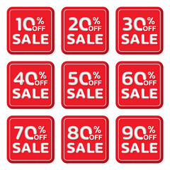 Sale label or icon set. 10,20,30,40,50,60,70,80,90 percent price off. 3d discount badge or price tag collection. Promotion, ad banner design elements. Vector illustration.