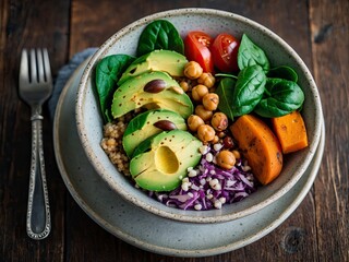 Healthy vegan lunch bowl with Avocado and quinoa and sweet potato and tomato and spinach and chickpeas vegetables salad. Colorful bowl featuring a variety of healthy veggies