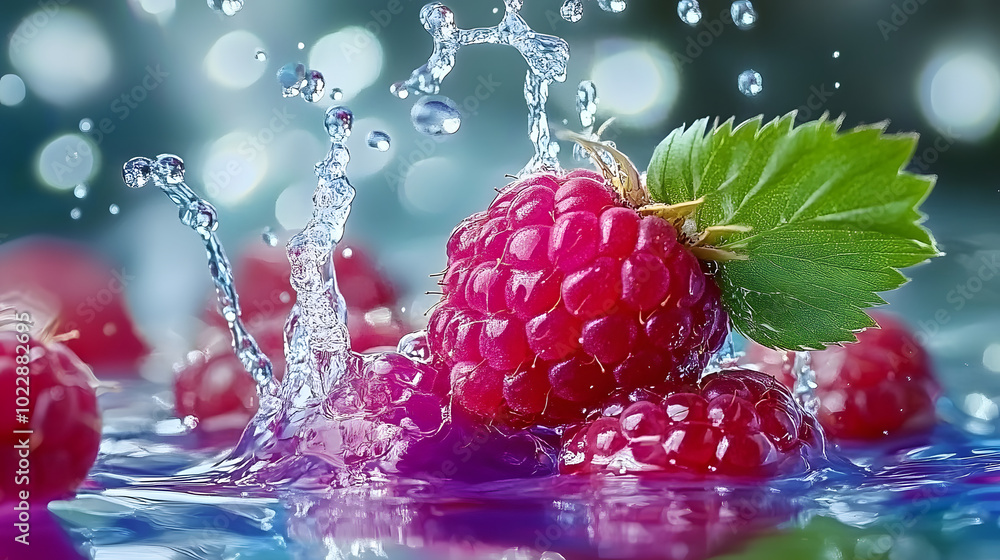 Wall mural Raspberry splash into water with green leaf