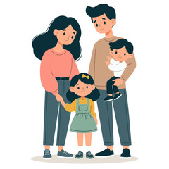 Flat vector illustration. Cute family, mom, dad, daughter and son on white background . Vector illustration