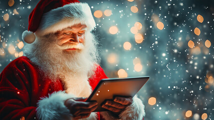 Santa Claus shops online using his digital tablet on blurred glowing background. Black Friday, Winter season Sale. Online purchase. 