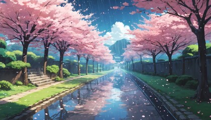 anime style cherry bloosom sakura pathway