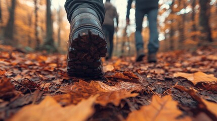 Friends Hiking on a Trail Covered in Golden Leaves