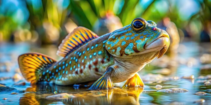 Vibrant Mud Skipper Fish in Natural Habitat Amongst Tidal Mangroves and Coastal Wetland Ecosystem