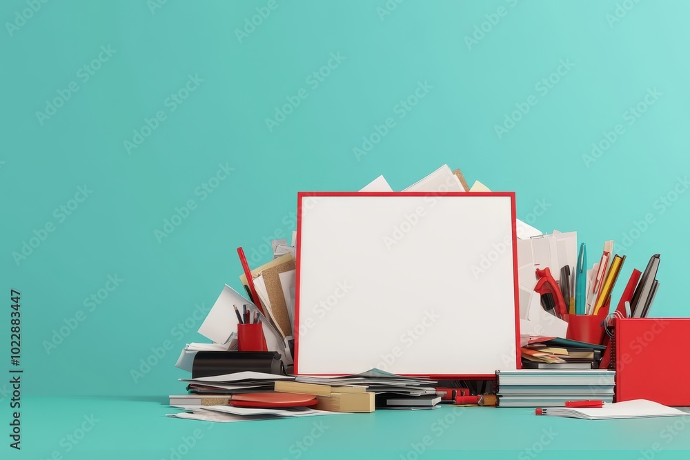 Poster a white board with a red border sits on a desk with a lot of clutter