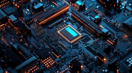 Fototapeta premium Close up of a futuristic microprocessor on a circuit board with glowing components