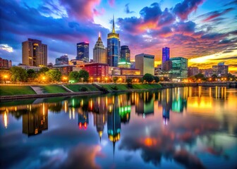Naklejka premium Vibrant Nashville Skyline at Dusk with Colorful Lights and Cityscape Reflections on the River