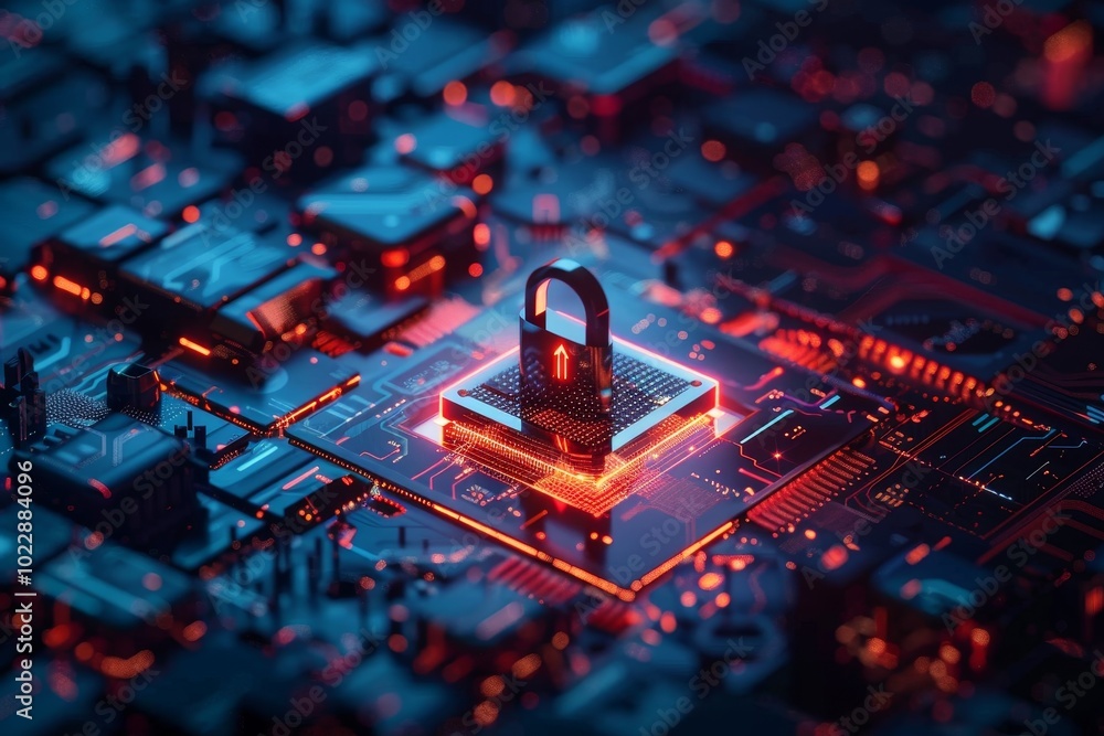 Poster a secure lock stands on a microchip within an interconnected circuit board, illuminated by glowing r