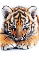 Fototapeta premium A cute baby tiger, isolate on white background, small and endearing in its pose.
