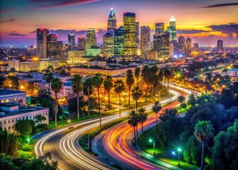 Fototapeta premium Vibrant Night Lights and Urban Life on the Streets of Los Angeles Illuminated After Sunset