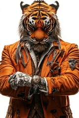 Fototapeta premium A tiger dressed in a sharp suit, isolate on white background, mixing elegance and wildness.
