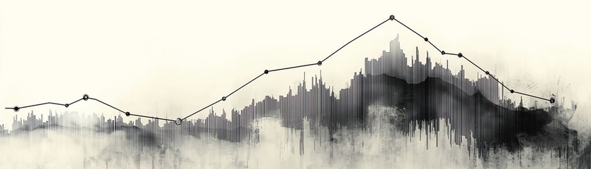 Naklejka premium Abstract line graph over soft ink landscape, showcasing growth and decline in a minimalist style.