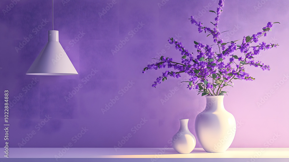 Wall mural White vase, purple flowers, table, white lamp, purple wall