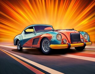 Retro race car on road and colorful background. Comic book style 
