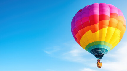 Fototapeta premium vibrant hot air balloon floats gracefully in clear blue sky, showcasing beautiful array of colors that evoke sense of adventure and freedom