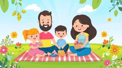 A cheerful family enjoying a picnic on a sunny day in a colorful garden.