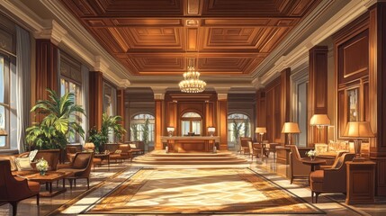 Fototapeta premium Elegant Hotel Lobby with Wooden Accents