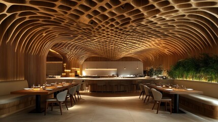 Restaurant Interior with Unique Wooden Ceiling