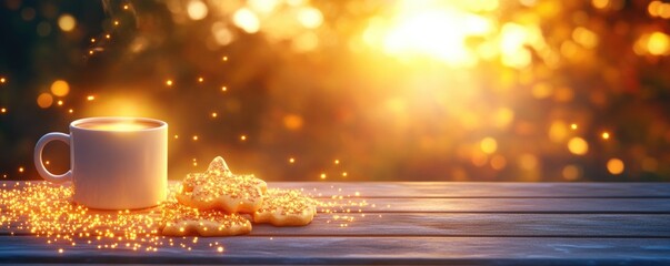 Cozy christmas morning with hot cocoa and star-shaped cookies by the sunrise