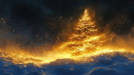 Fototapeta premium Enchanting christmas tree in a snowy winter wonderland illuminated by golden lights