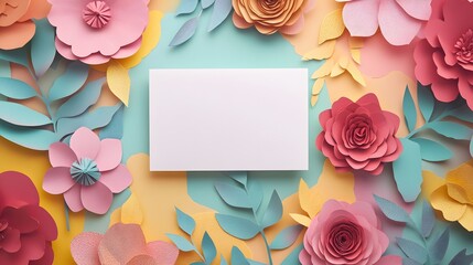 Photo of a blank card surrounded by cutout paper flowers and leaves on a pastel background, in a flat lay composition
