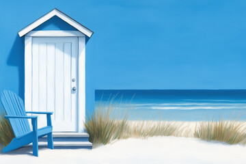 Minimalist coastal scene with a blue beach hut and Adirondack chair, evoking a tranquil seaside atmosphere. Perfect for vacation and relaxation themes.
