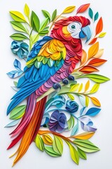 Fototapeta premium A multicolored paper art parrot, isolate on white background, crafted from layered paper.